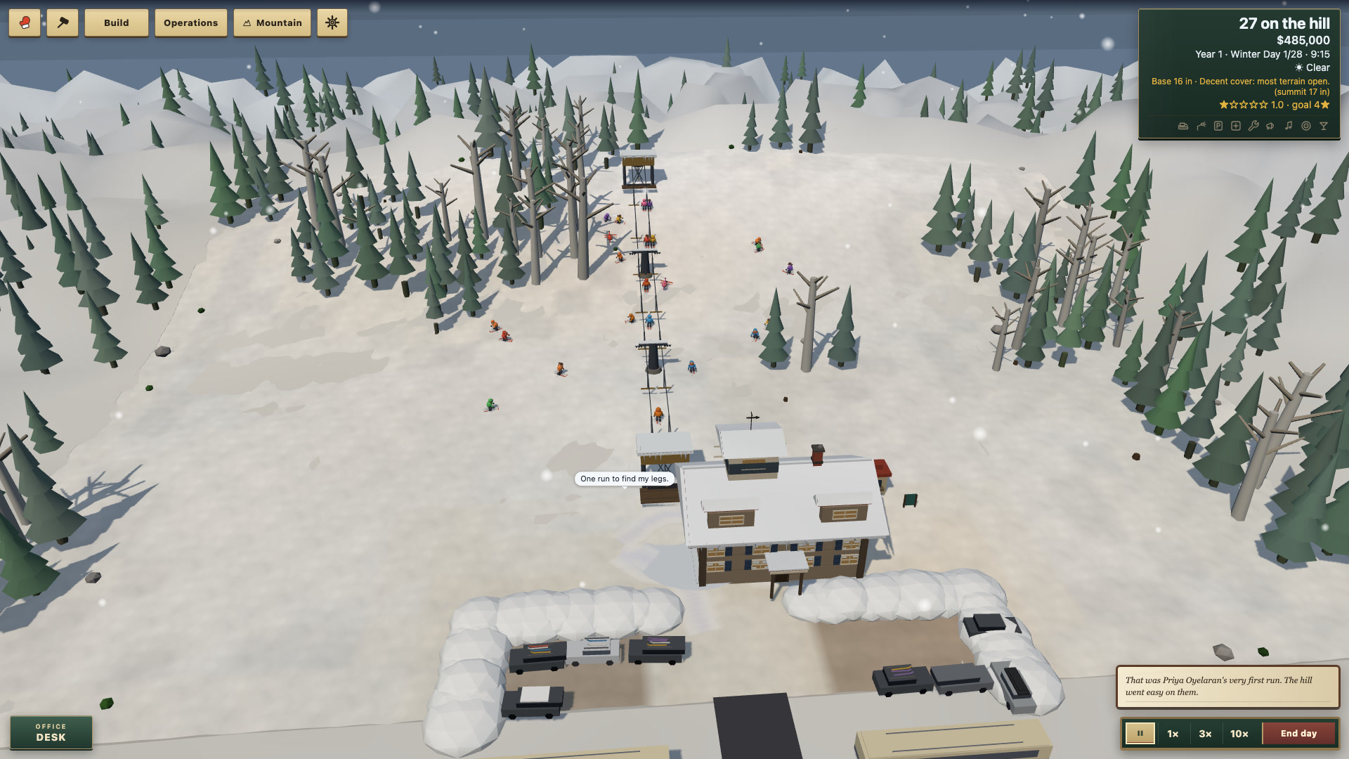 Boston Hill operating with a chairlift, skiers, the base village, and the mountain status board