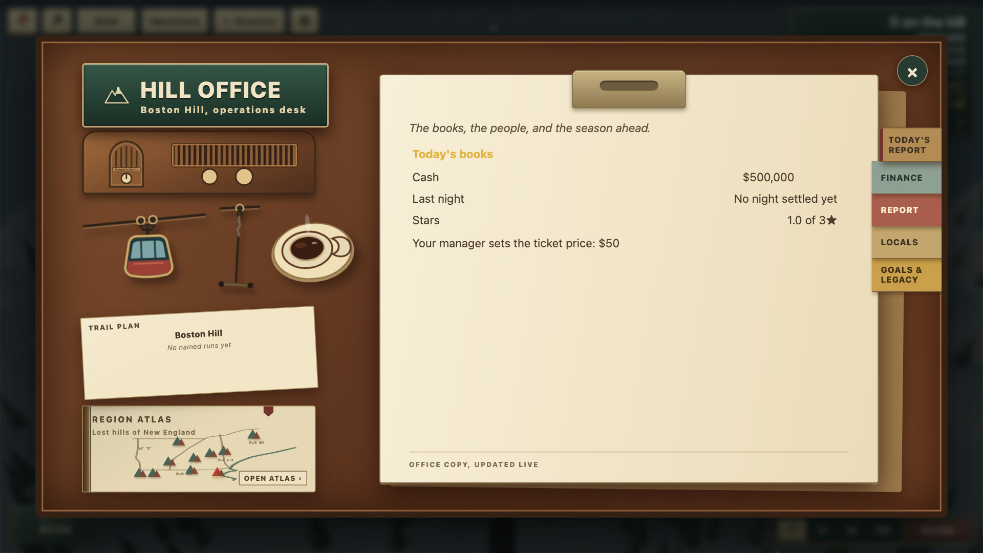 The in-game Hill Office with its physical desk, paper report, radio, trail plan, and filing tabs