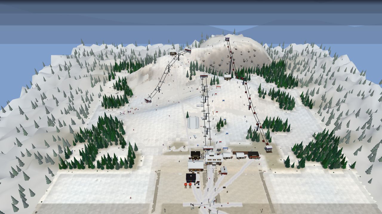 Evergreen Valley with three lifts, open trails between stands of pine, and a compact base village